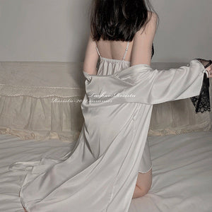 性感情趣內衣【你太倡狂】柔絲緞面蕾絲吊帶裙 + 外罩衫 (2色)